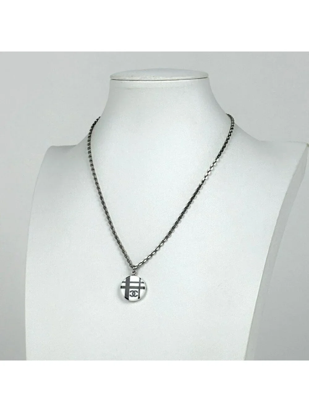 Chanel CC Logo Necklace Silver Plated Plastic White